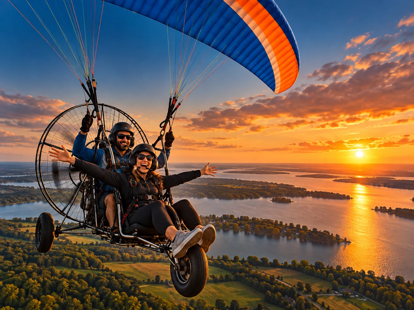 Tandem paramotor trike flight over Michigan countryside at sunset